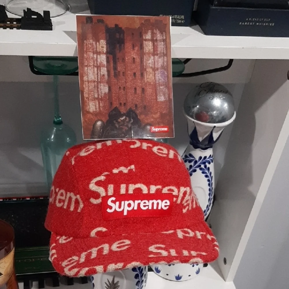 Supreme Red Wool Logo Camp Cap with White All-Over Branding